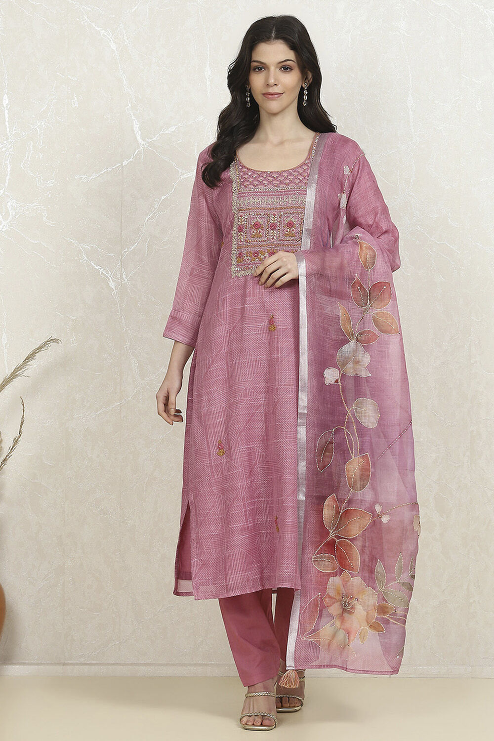 Pink Cotton Hand Embroidered Unstitched Suit Set image number 7