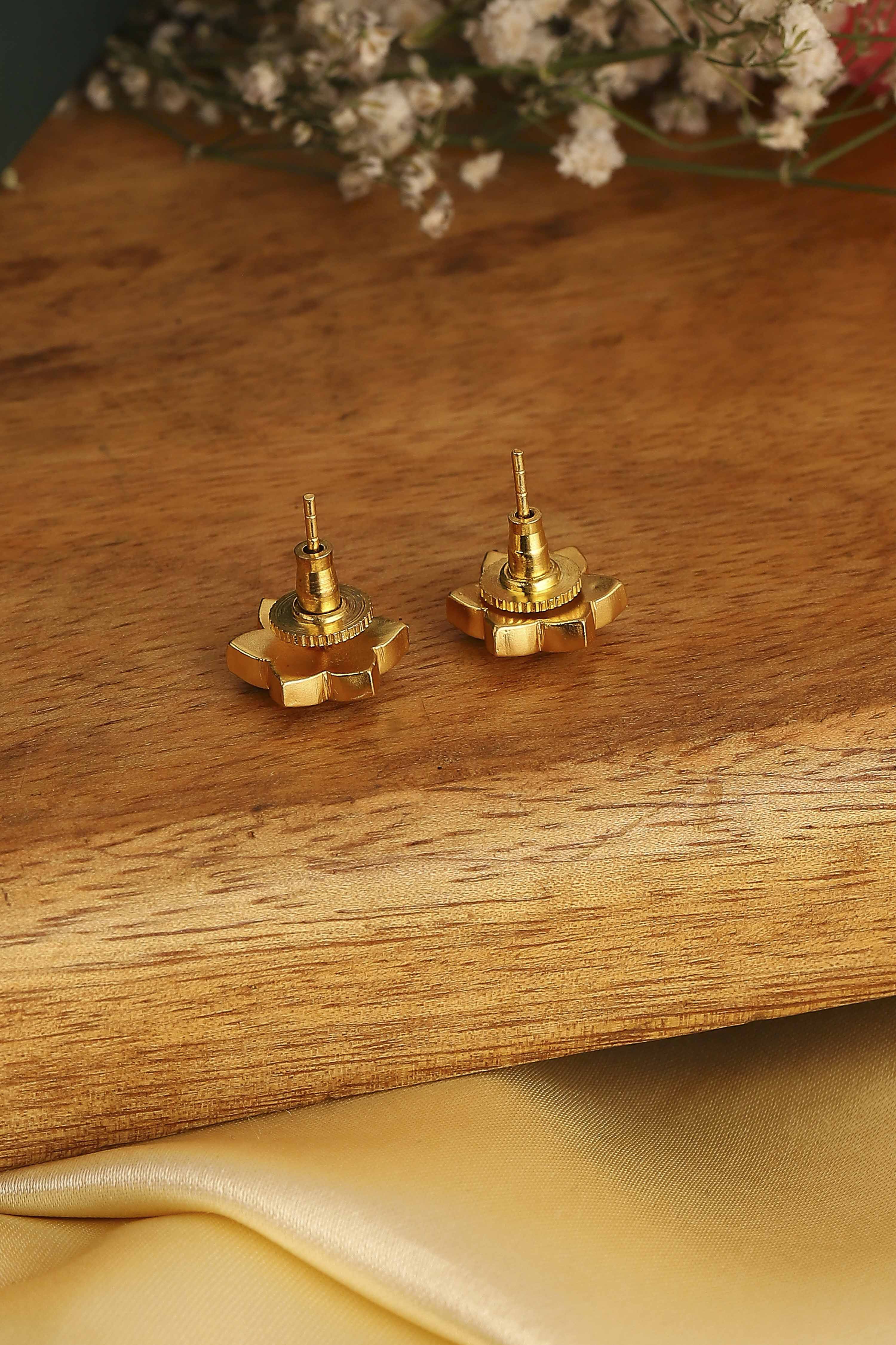 Pink & Green Gold Plated Brass Floral Stud Earrings image number 2