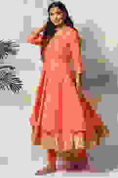 Coral Cotton Blend Anarkali Kurta Churidar Suit Set image number 3