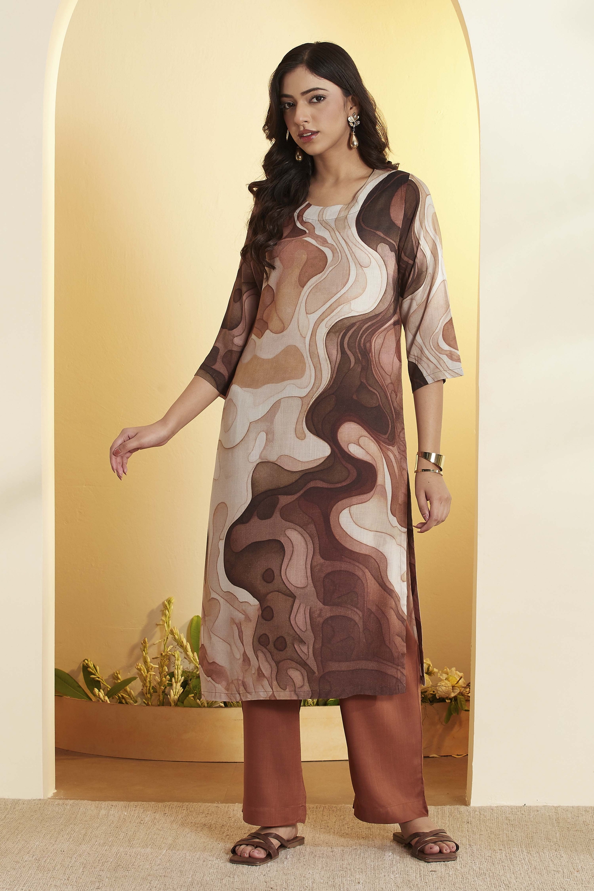 Brown Rayon Slub Straight Kurta Pants Set