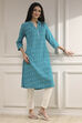 Blue Cotton Ikat Straight Kurta image number 4