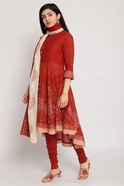 Red Cotton Asymmetric Kurta Churidar Suit Set image number 3