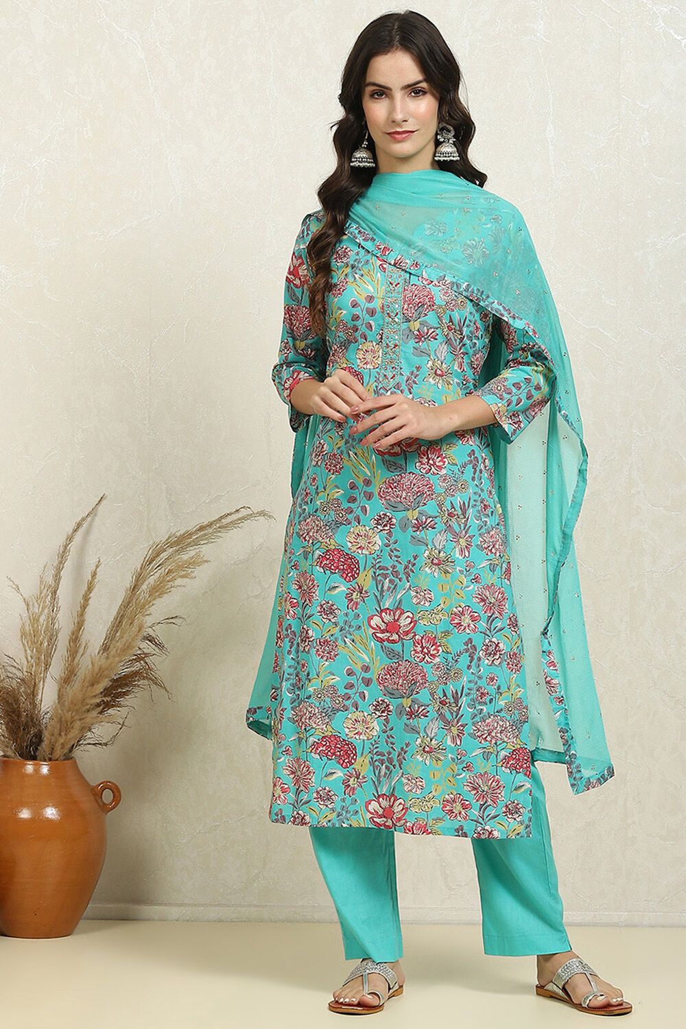 Green Cotton Floral Unstitched Suit Set image number 1