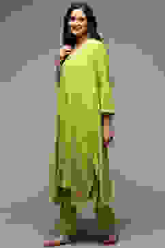 Lime Green Rayon Asymmetric Kurta Pants 2 Piece Set image number 4