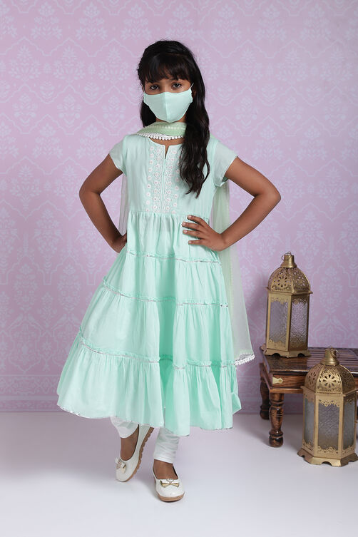 Sea Green Cotton Tiered Kurta Churidar Suit Set image number 2