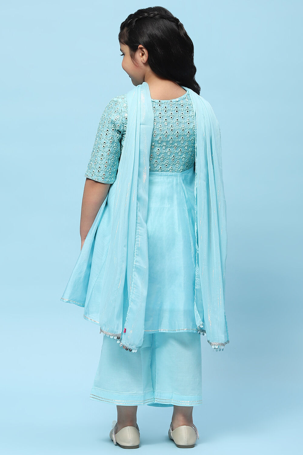 Sky Blue Poly Chanderi Mirror work A-line Suit Set image number 5
