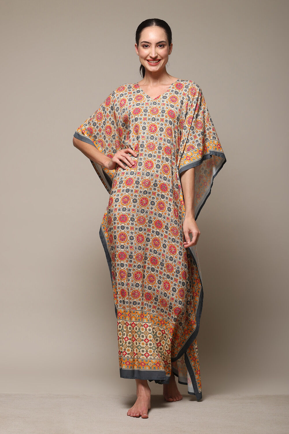 Beige Rayon Printed Kaftan image number 5