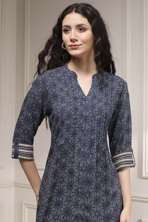 Blue Viscose Rayon Relaxed Printed Kurta image number 1