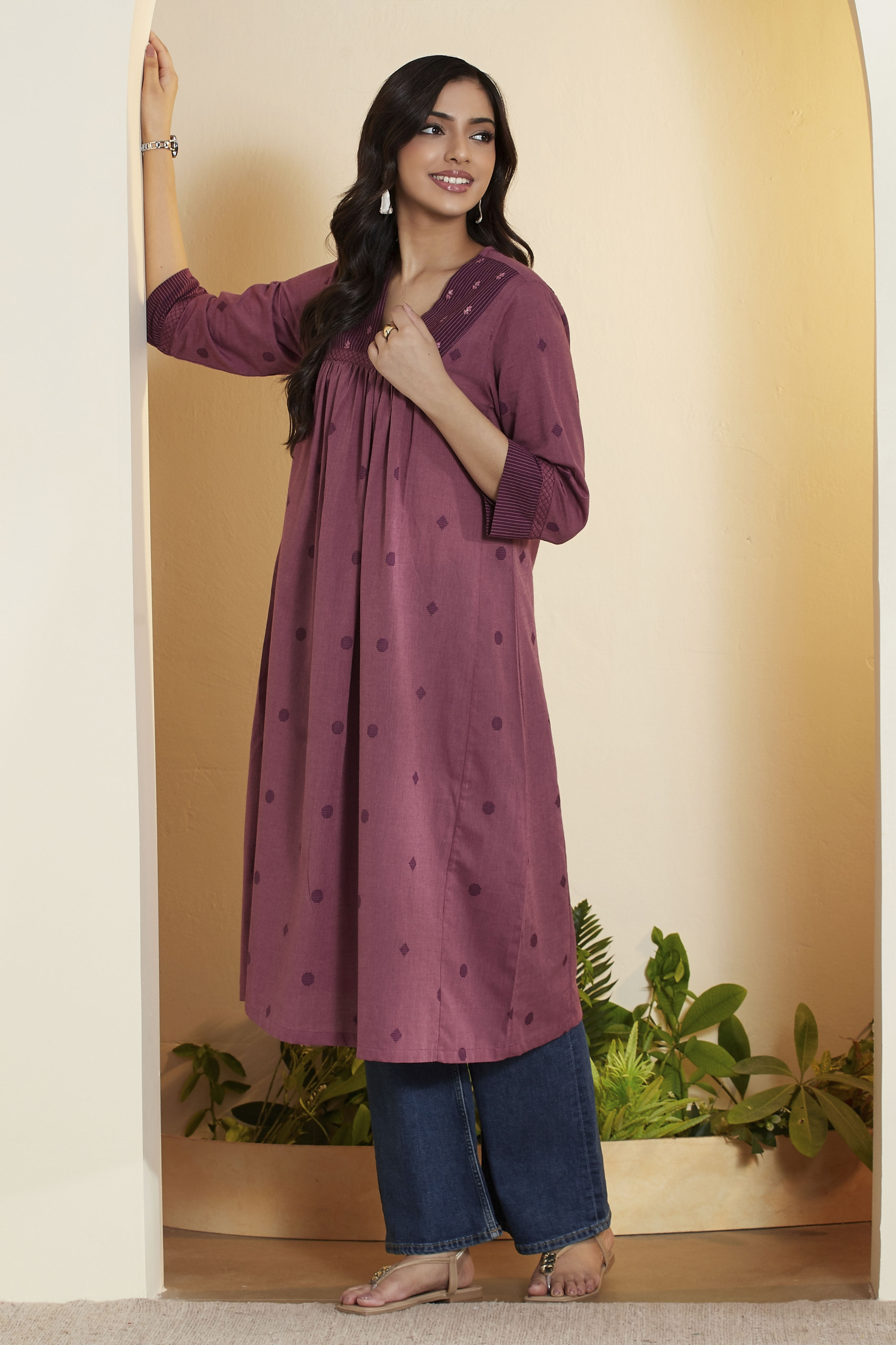 Old Rose Cotton A Line Kurta image number 0
