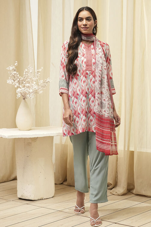 Off White Art Silk Straight Kurta Pant Suit Set image number 0