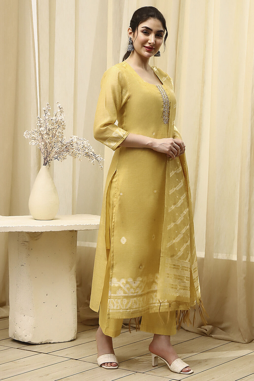 Mustard Chanderi Jamdani Unstitched Suit Set image number 6