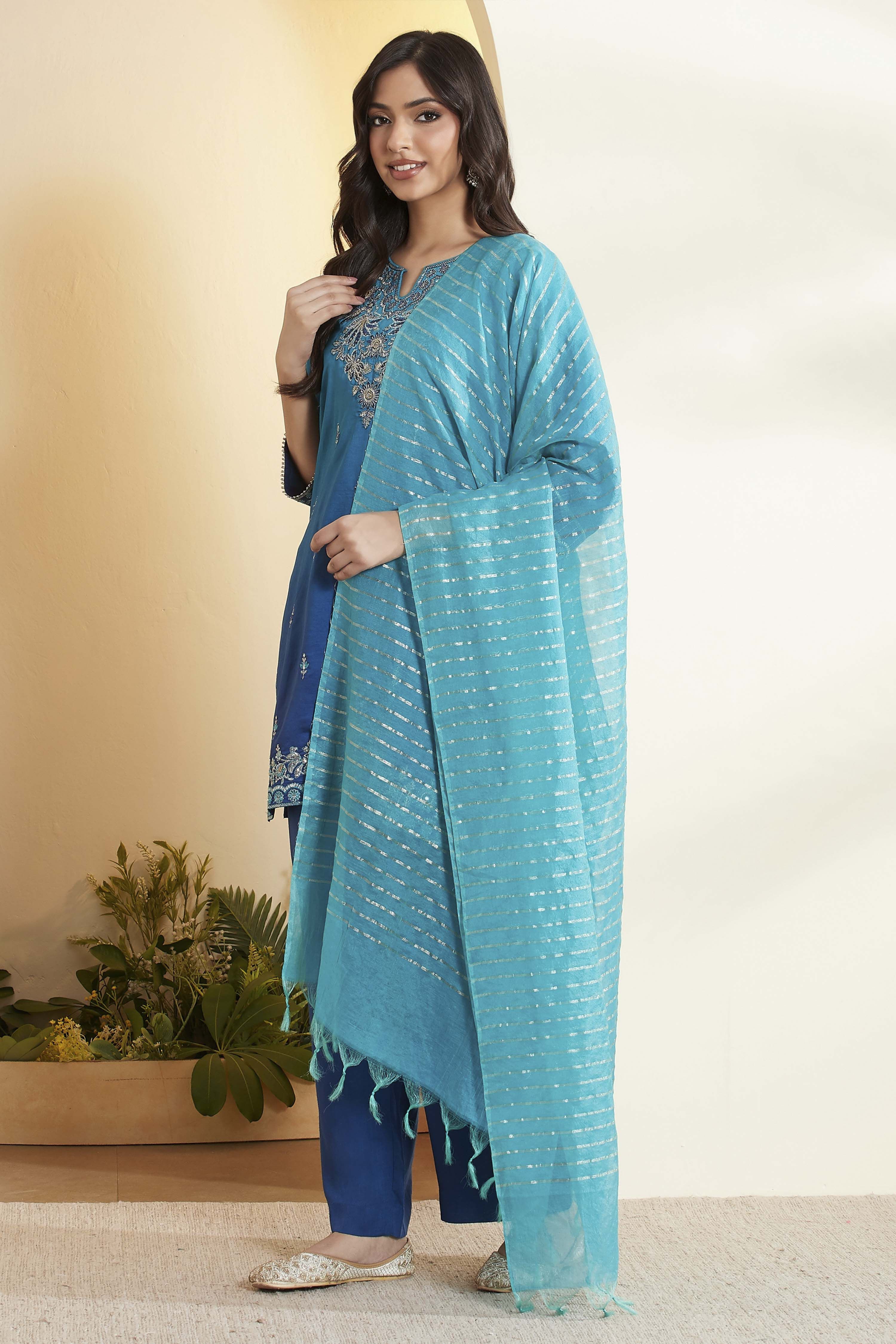 Blue Viscose Rayon Embroidered Straight Kurta Set image number 4