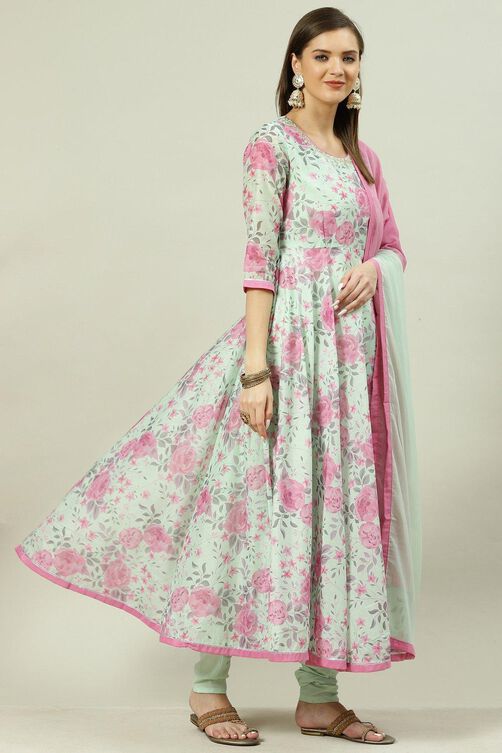 Powder Blue Printed Anarkali Kurta Churidar Suit Set image number 7