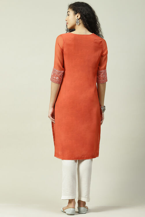 Burnt Orange Art Silk Straight Printed Kurta image number 4