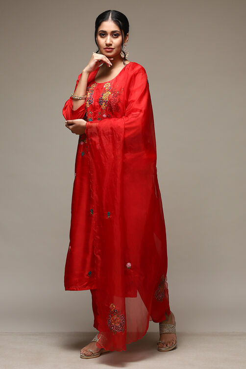 Red Silk Blend Hand Embroidered Unstitched Suit Set image number 5