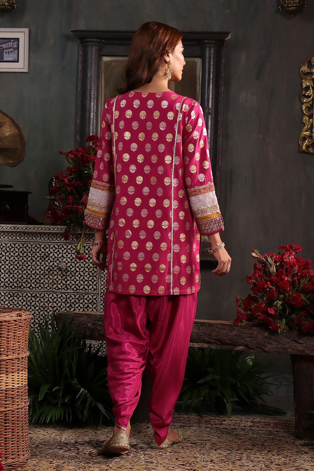 Earthy Blue Chanderi Jacquard Dori Embroidery Straight Suit Set image number 3