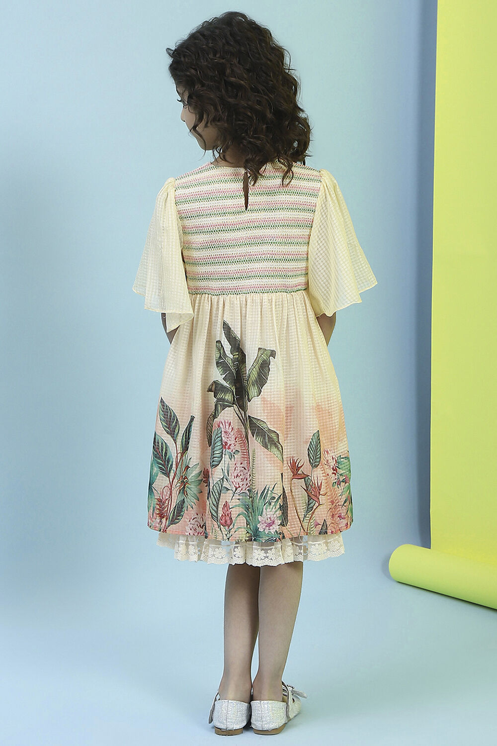 Beige Printed Gathered Dress image number 3