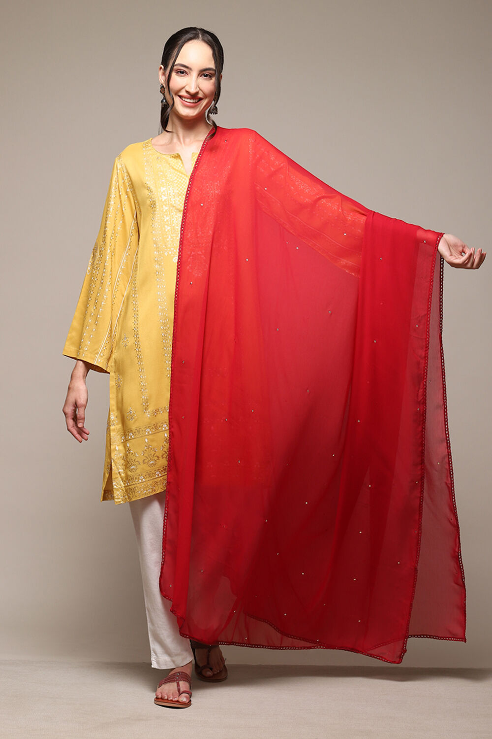 Red Cotton Blend Printed Dupatta image number 2