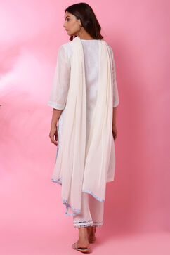 Off White Cotton Blend Straight Kurta Pants Suit Set image number 4