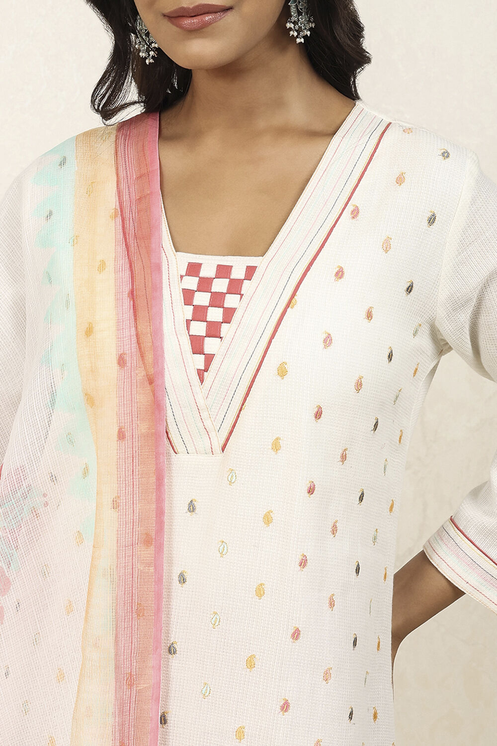 White Cotton Machine Embroidered Unstitched Suit Set image number 2