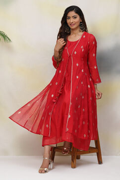 Red Flared Poly Modal Yarndyed Kurta image number 0