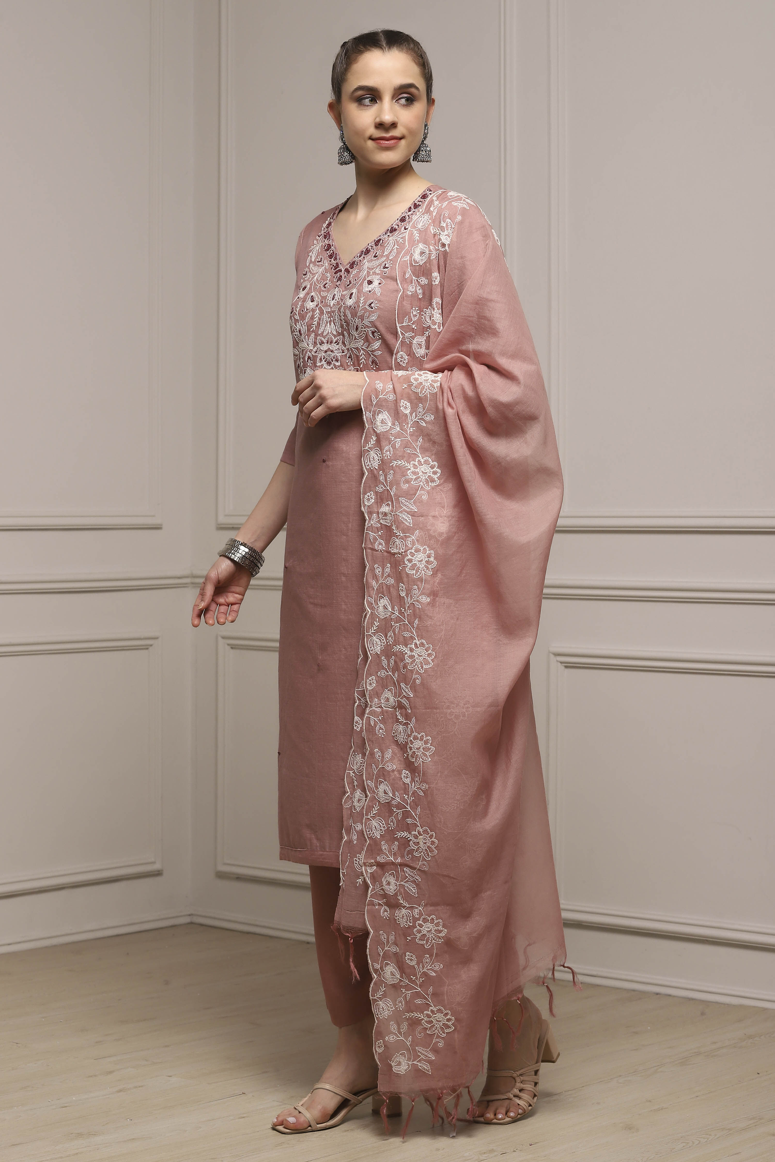 Beige Mul Chanderi Blend Hand Embroidered Unstitched Suit Set image number 4