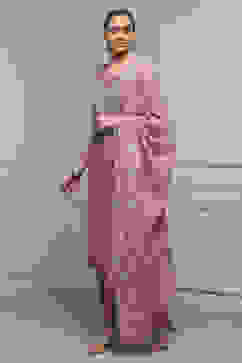 Beige Mul Chanderi Blend Hand Embroidered Unstitched Suit Set image number 4