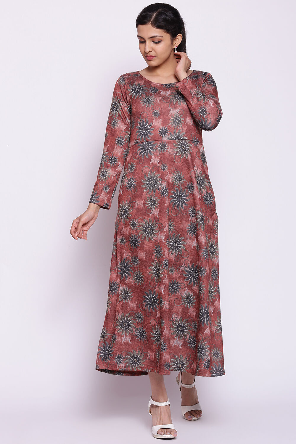 Rust Woolen Floral Printed Dress
