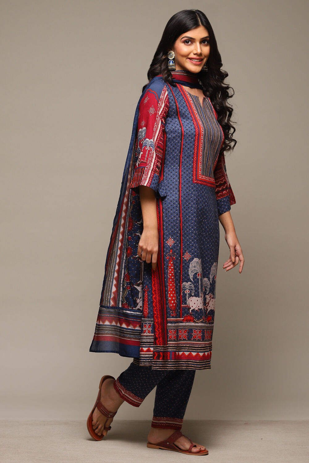 Indigo & Red Rayon Straight Kurta Pants Suit Set image number 6