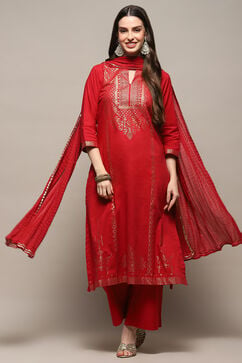 Deep Red Cambric Relaxed Kurta Palazzo Suit Set image number 0
