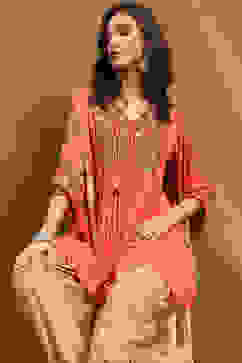 Peach-Toned and Beige Embroidered Peplum Kurta Set image number 7