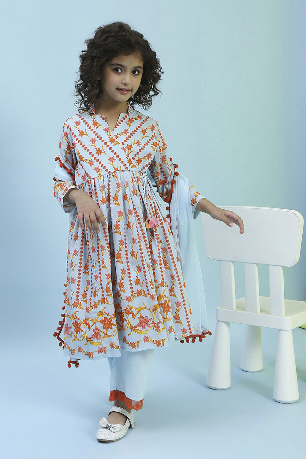 Sky Blue Cotton Floral Gathered Suit Set image number 0