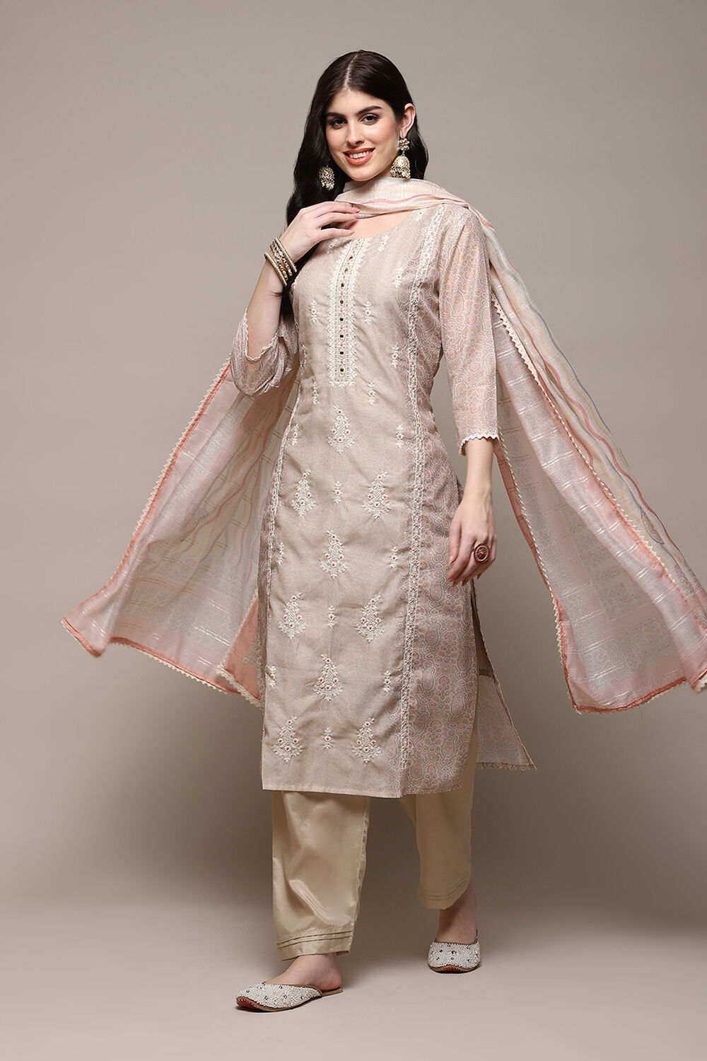 Beige Chanderi Blend Machine Embroidered Unstitched Suit Set image number 1