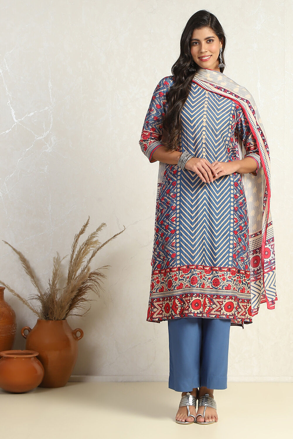 Blue Modal Geometric Printed Straight Suit Set image number 0