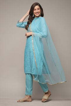 Turquoise Cotton Blend Straight Kurta Pant Suit Set image number 0