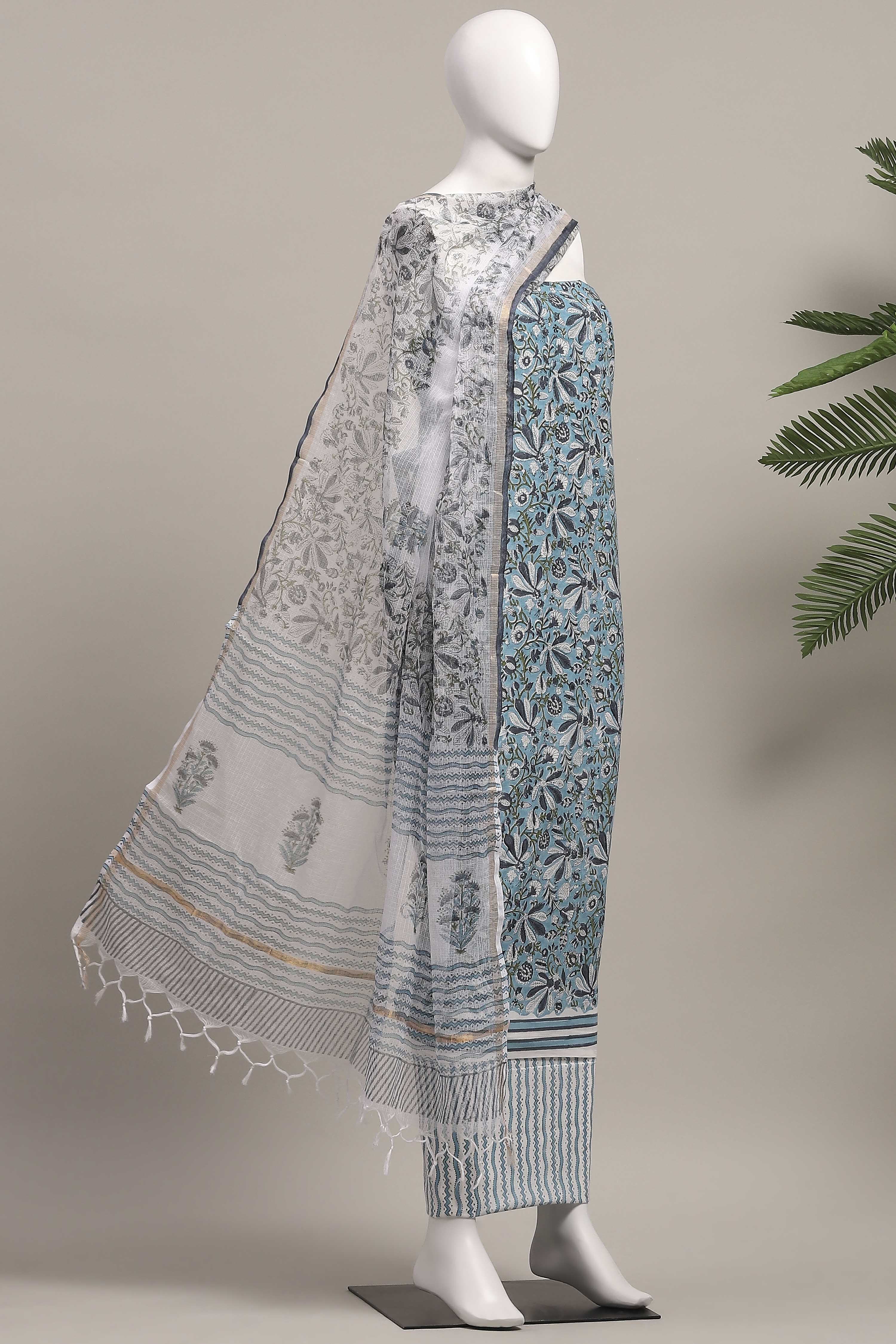 Sky Blue Cotton Hand Block Print Unstitched Suit Set image number 4