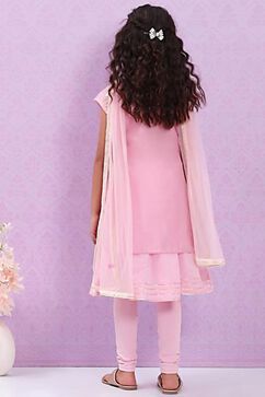 Pink Cotton Blend Flared Kurta Churidar Suit Set image number 5