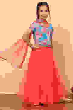 Blue and Pink Floral Festive Flared Lehenga Set image number 3