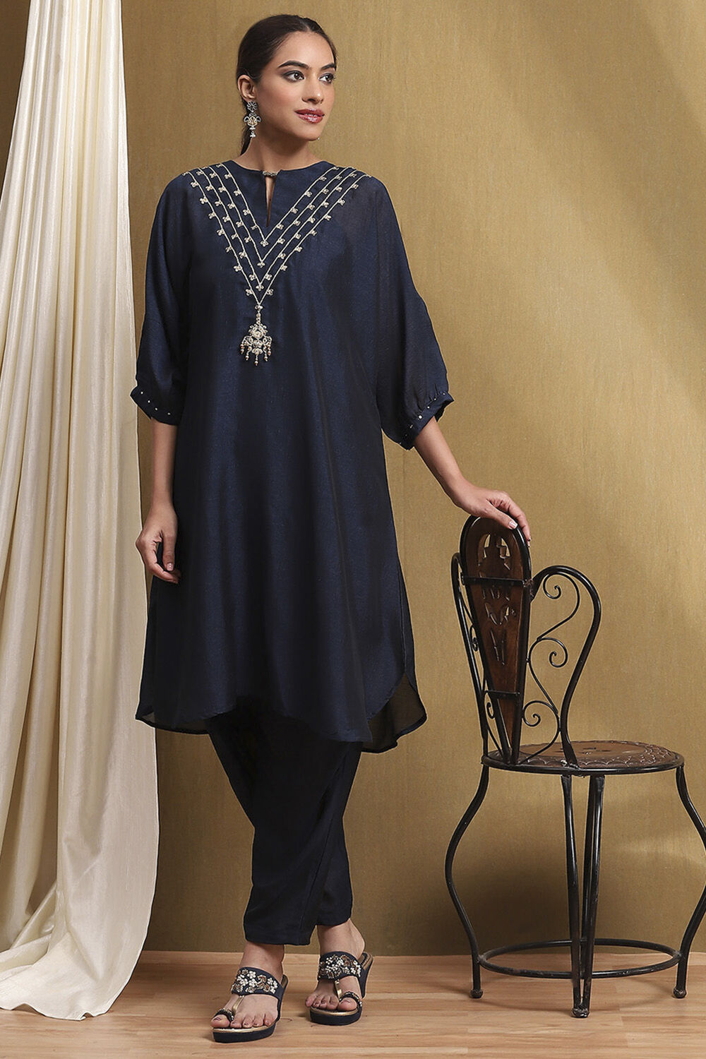 Midnight Blue Solid Festive Straight Kurta Set image number 0
