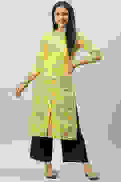 Yellow Rayon Front Open Printed Kurta image number 0