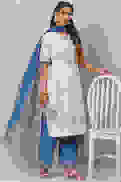 White Cotton Art Silk Straight Kurta Palazzo Suit Set image number 7