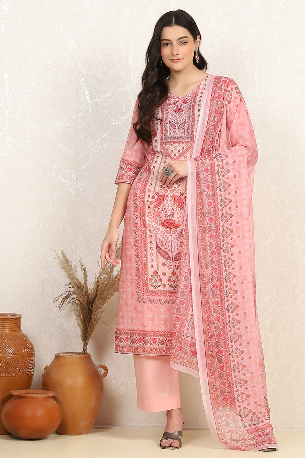 Pink Cotton Digital Print Unstitched Suit Set image number 7