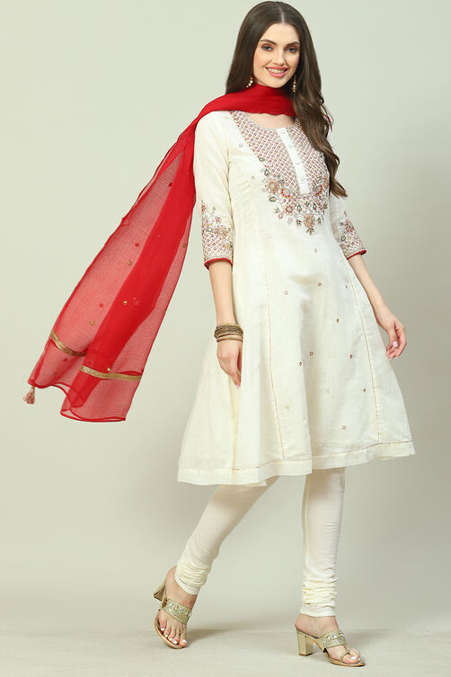 Off White Art Silk Anarkali Kurta Churidar Suit Set image number 0