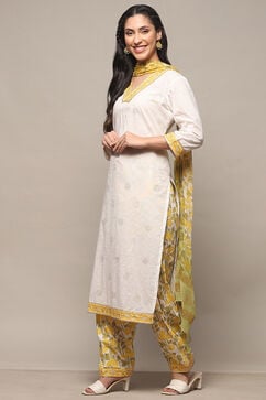 Yellow White Cotton Unstitched Suit set image number 5