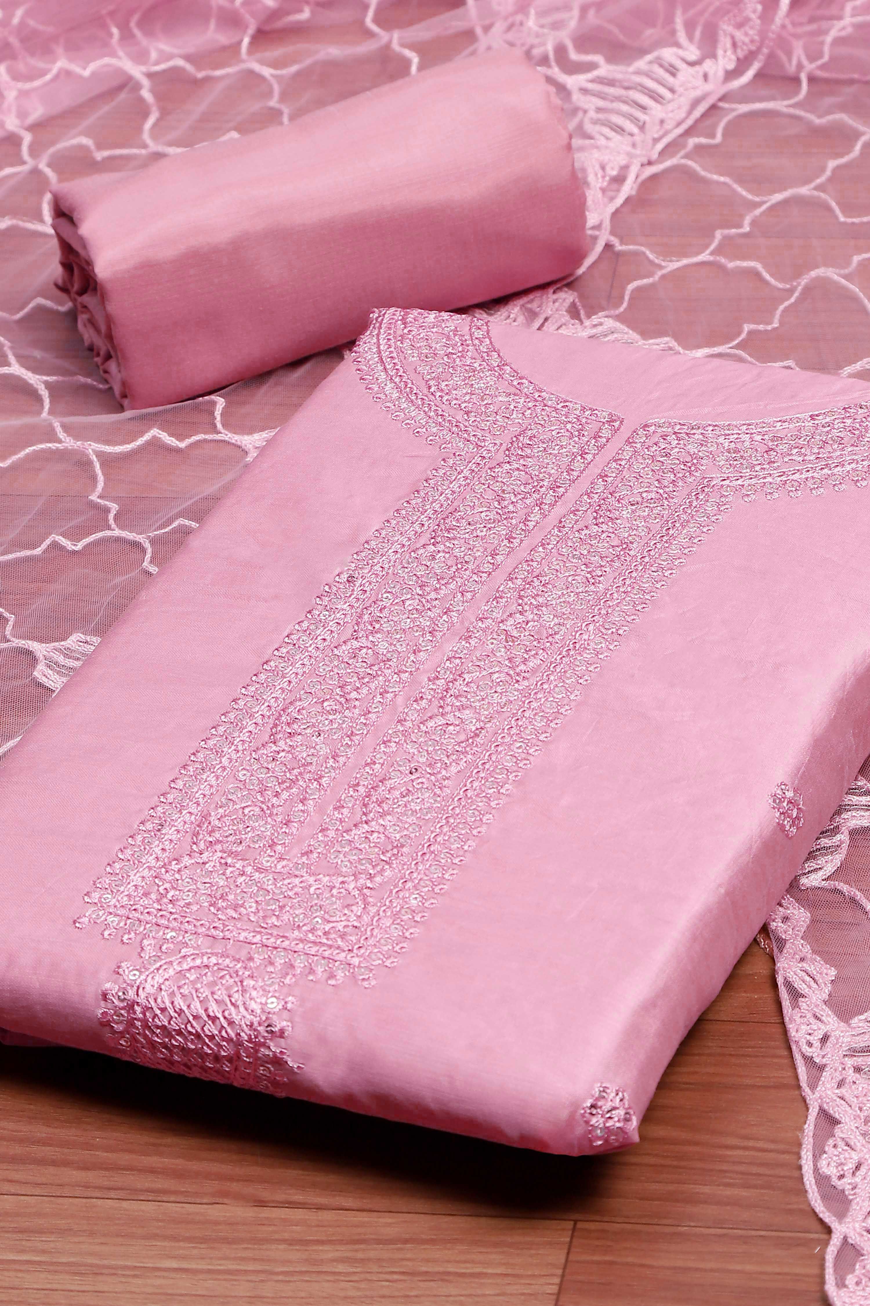 Peach Chanderi  Embroidered Unstitched Suit Set image number 1