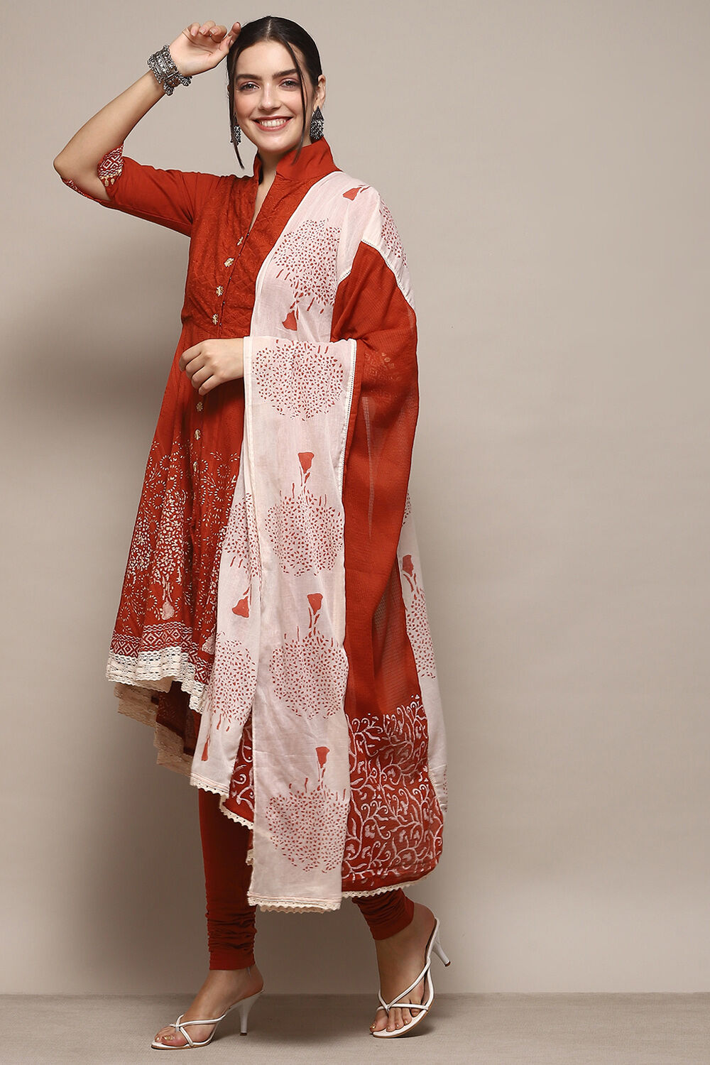 Turquoise Cotton Anarkali Solid Kurta Churidar Suit Set image number 4