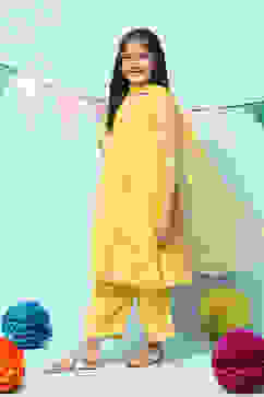 Yellow Nylon Gathered Embroidery Kurta Palazzo Suit Set image number 3