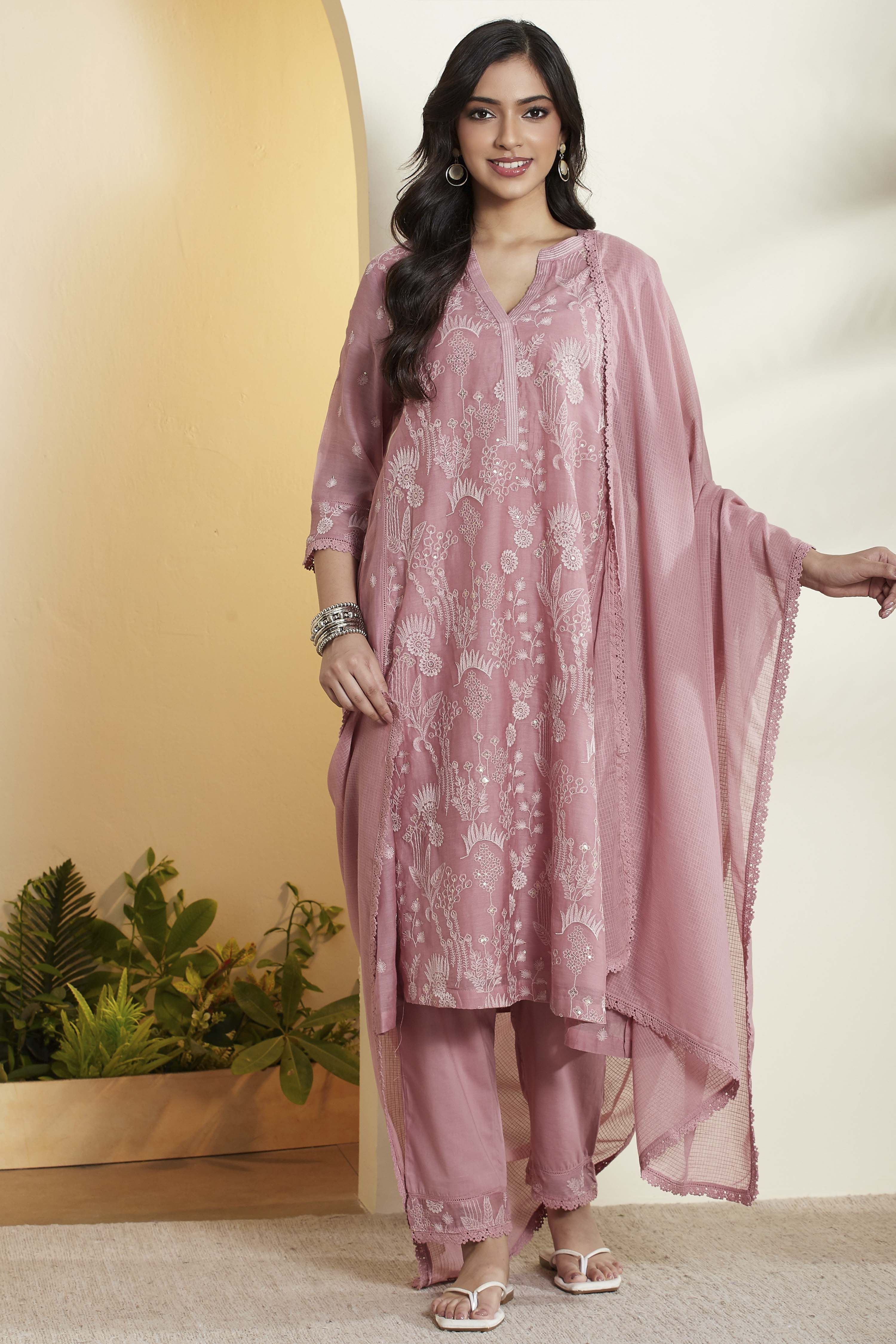 Old Rose Cotton Silk Embroidered A-Line Kurta Set image number 7
