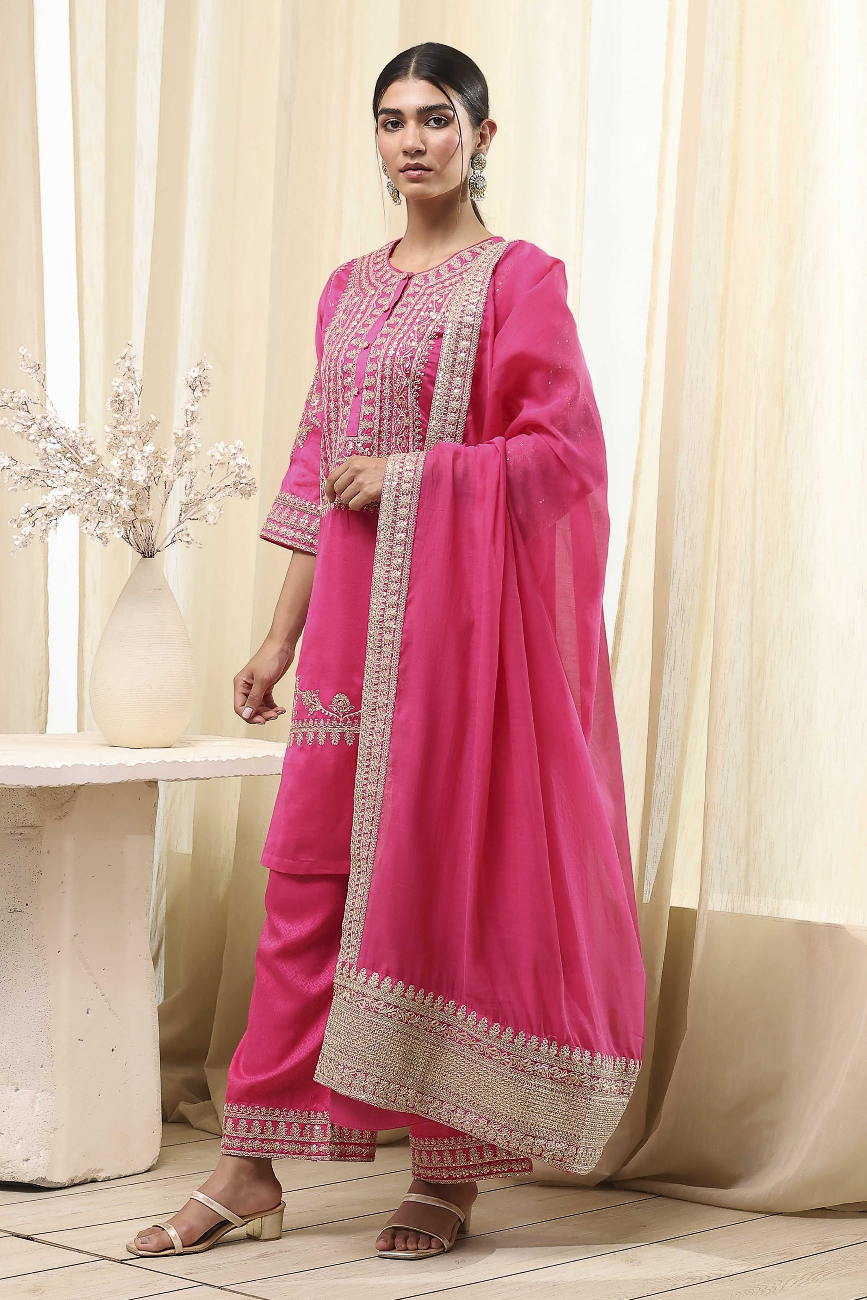 Fuchsia Cotton Silk Straight Suit Set image number 3