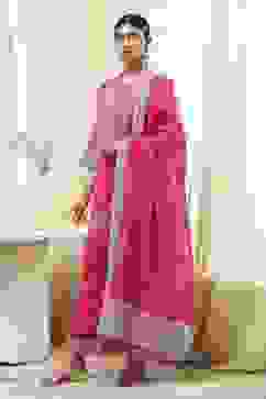 Fuchsia Cotton Silk Straight Suit Set image number 3